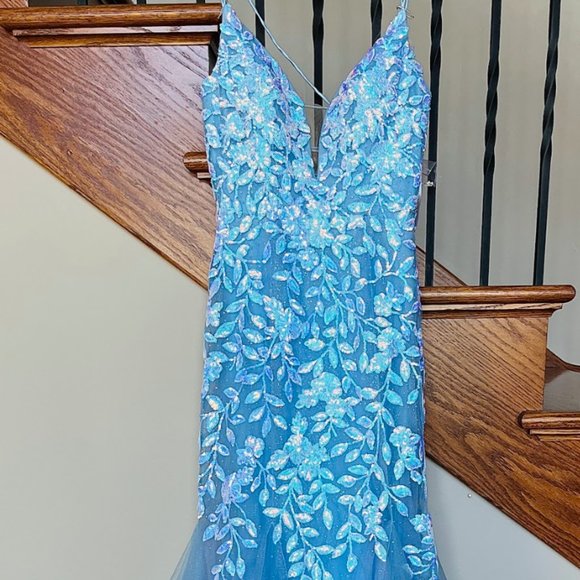 AMARRA 87317 Floral Sequin Prom Gown - BRAND NEW (Blue/White) - Picture 6 of 8